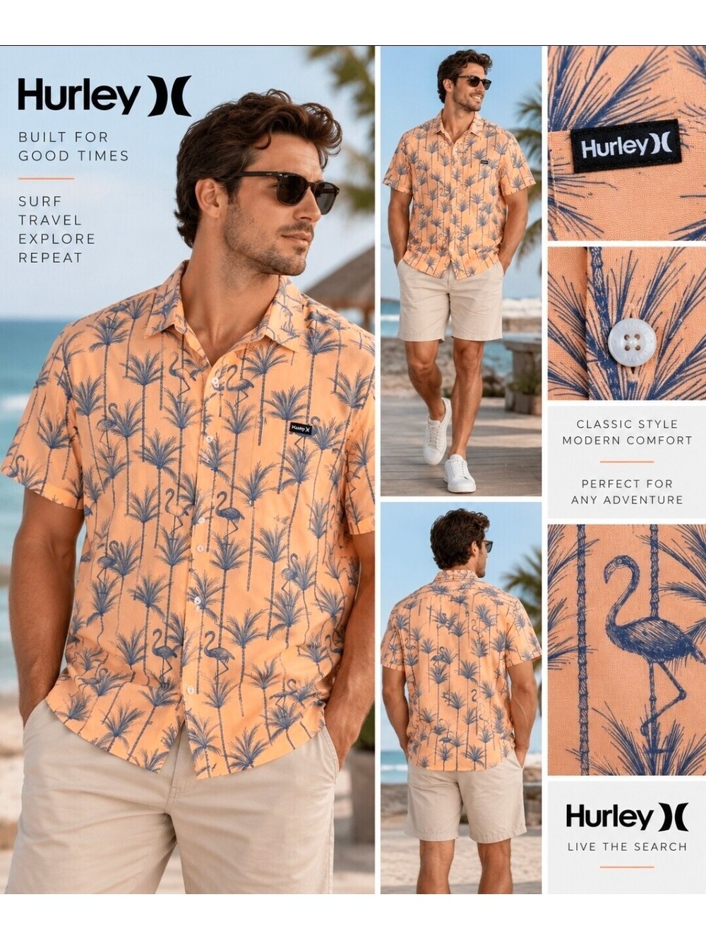 Hurley Men’s XXL Peach Coral Flamingo Palm Tree Tropical Button Up Shirt